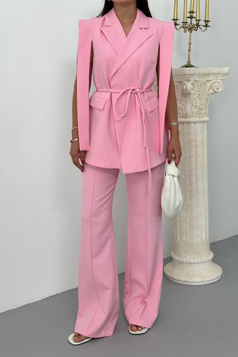 Kadın Alt Üst İkili Takım Omuz Detaylı Kuşaklı Yelek Pantolon Takım