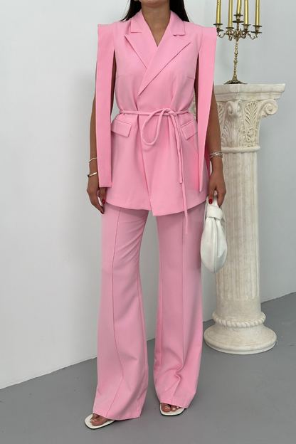 Kadın Alt Üst İkili Takım Omuz Detaylı Kuşaklı Yelek Pantolon Takım