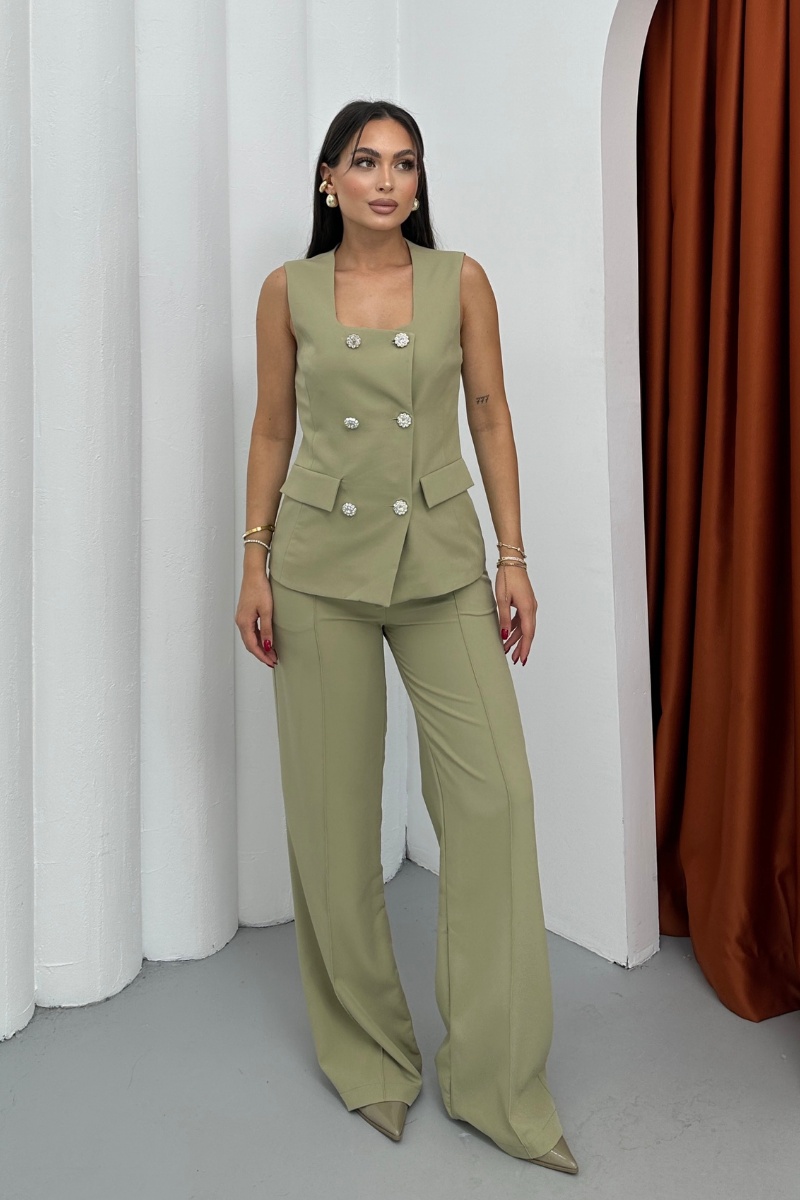 Kadın İkili Alt Üst Takım Şık Düğme Detaylı Kare Yaka Yelek Pantolon Takım