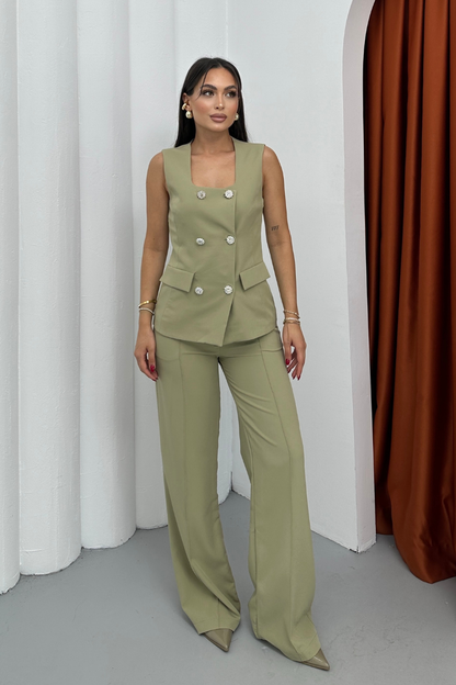Kadın İkili Alt Üst Takım Şık Düğme Detaylı Kare Yaka Yelek Pantolon Takım