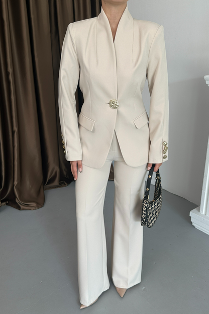 Kadın İkili Takım Şık Düğme Detaylı Dik Yaka Blazer Ceket Bol Paça Pantolon Takım
