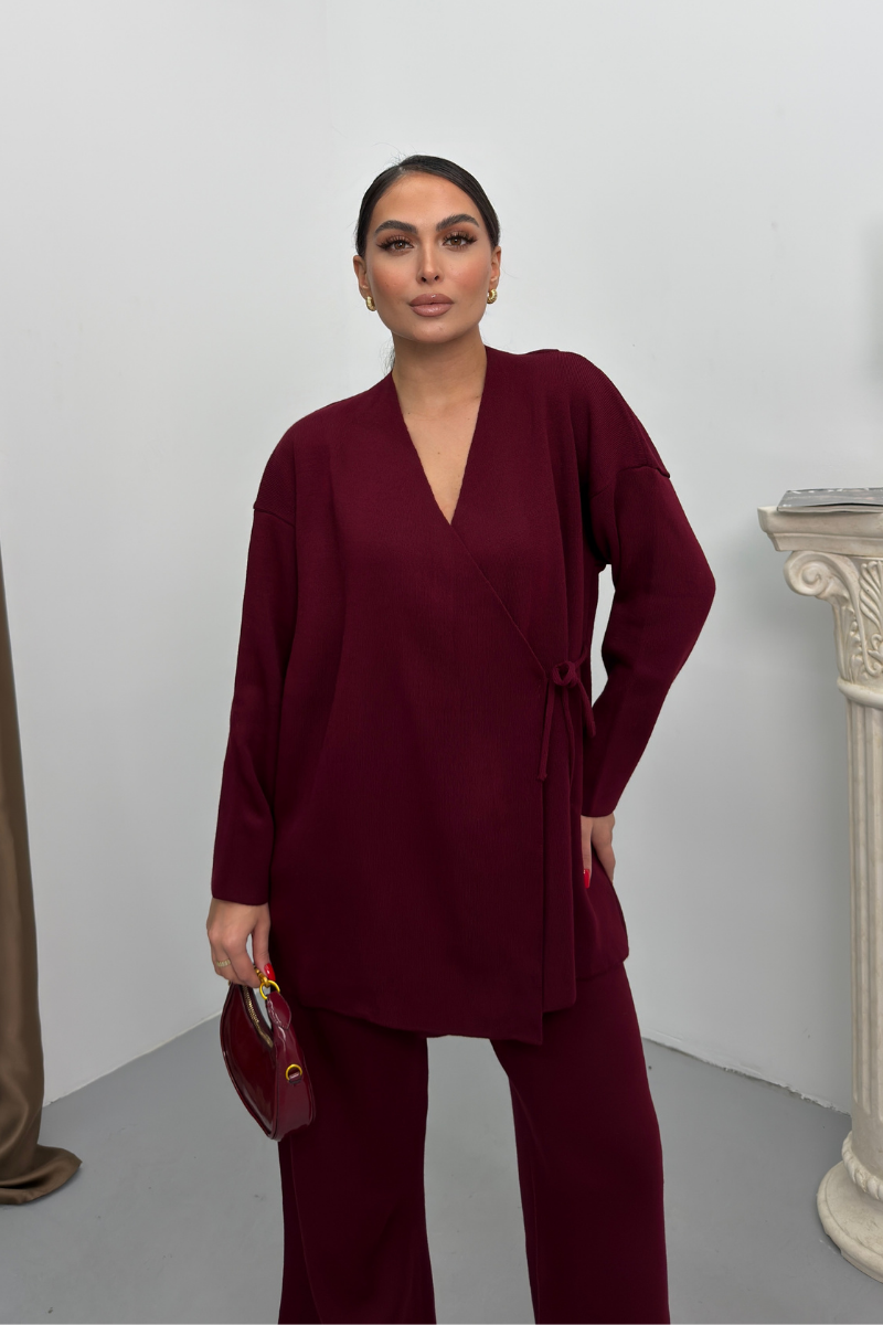 Kadın İkili Alt Üst Takım Triko Yandan Bağcıklı Kruvaze Hırka Bol Paça Pantolon Örme Takım