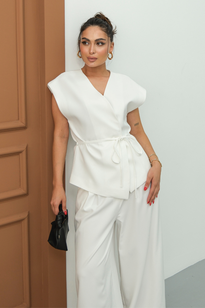 Kadın İkili Alt Üst Takım Bağcıklı Bol Kesim Dökümlü Yazlık Kısa Kollu Kimono Ceket Palazzo Pantolon