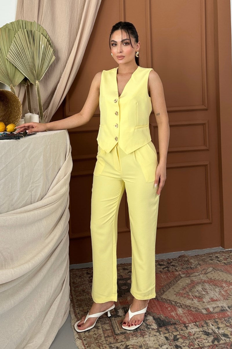 Kadın Alt Üst Takım Şık Gold Düğme Detaylı V Yaka Yelek Pantolon Takım