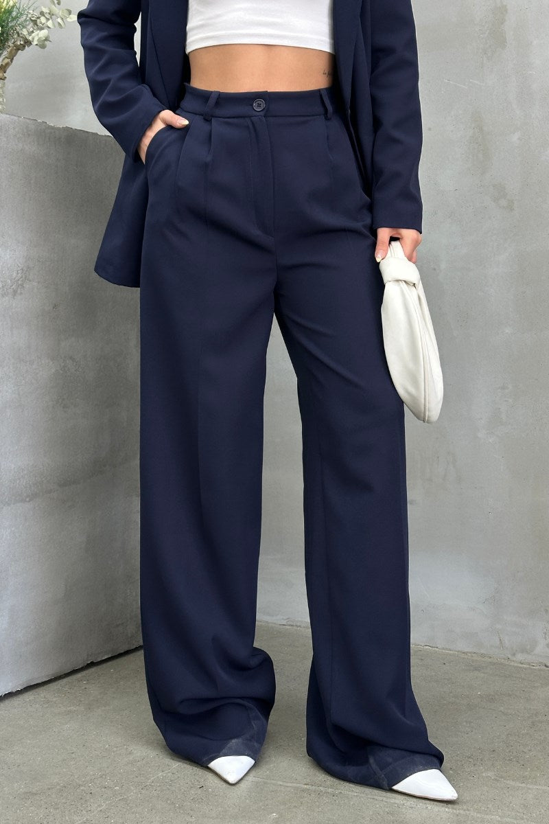 Kadın Palazzo Pantolon Düğmeli Çift Cepli Bol Paça Pantolon