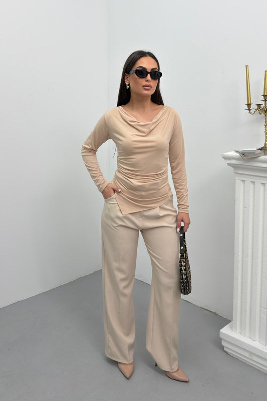 Kadın Bluz Drapeli Uzun Kollu Degaje Yaka Asimetrik Kesim Sandy Kumaş Likralı Şık Bluz