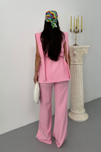 Kadın Alt Üst İkili Takım Omuz Detaylı Kuşaklı Yelek Pantolon Takım