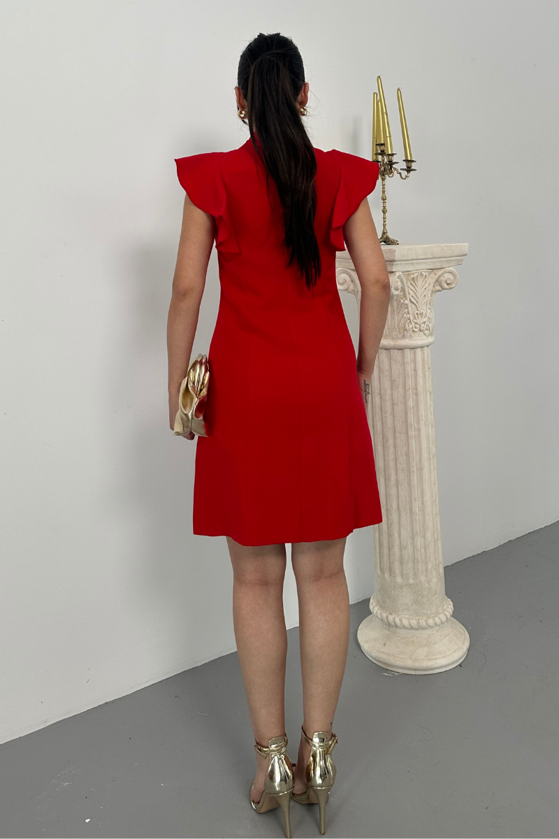 Kadın Elbise Kısa Kruvaze Yaka Volan Kol Fırfırlı Düğme Detaylı Ceket Elbise