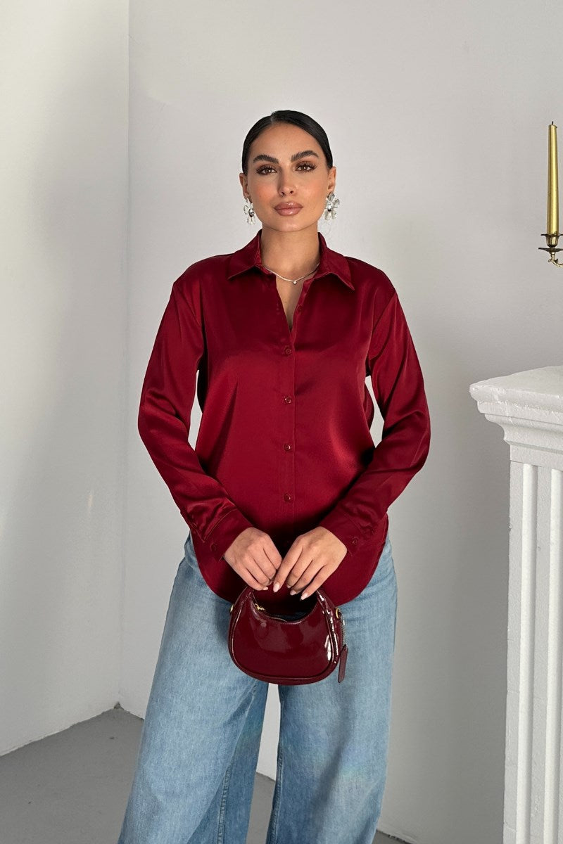 Kadın Gömlek Saten Uzun Kollu Düşük Omuz Düğmeli Şık Gömlek