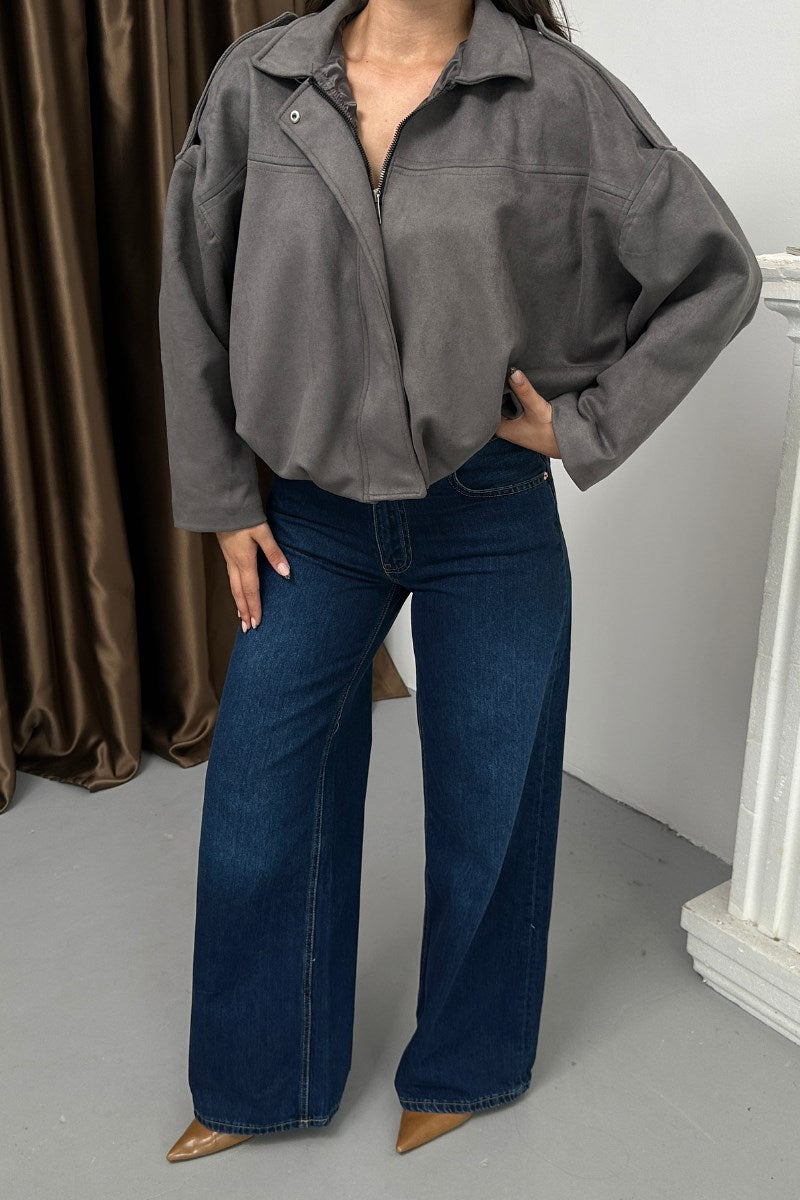 Kadın Mont Kısa Oversize Süet Fermuarlı Gömlek Yaka Düşük Omuz Ceket