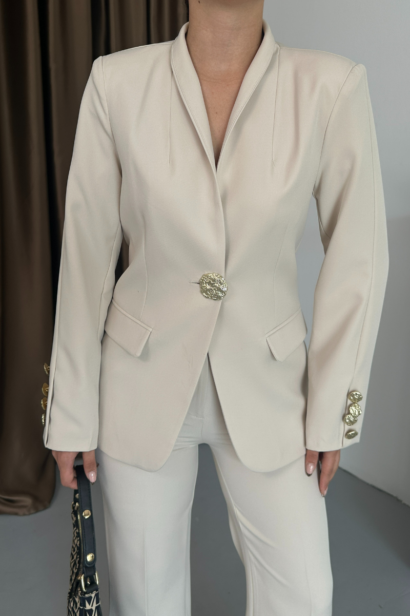 Kadın İkili Takım Şık Düğme Detaylı Dik Yaka Blazer Ceket Bol Paça Pantolon Takım