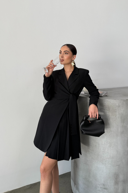 Kadın Elbise Mini Şık Uzun Kollu Kuşaklı Kruvaze Yaka Pileli Ceket Elbise