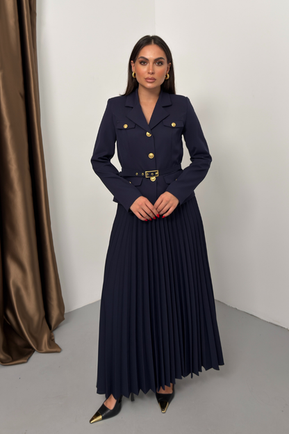 Kadın İkili Alt Üst Takım Şık Kemerli Cep ve Düğme Detaylı Kısa Blazer Ceket Piliseli Uzun Etek Takım