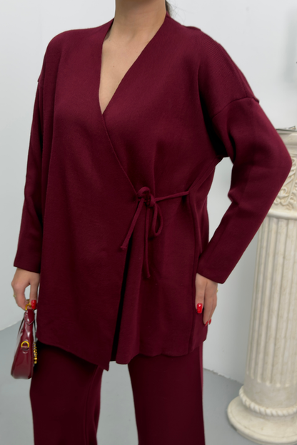 Kadın İkili Alt Üst Takım Triko Yandan Bağcıklı Kruvaze Hırka Bol Paça Pantolon Örme Takım