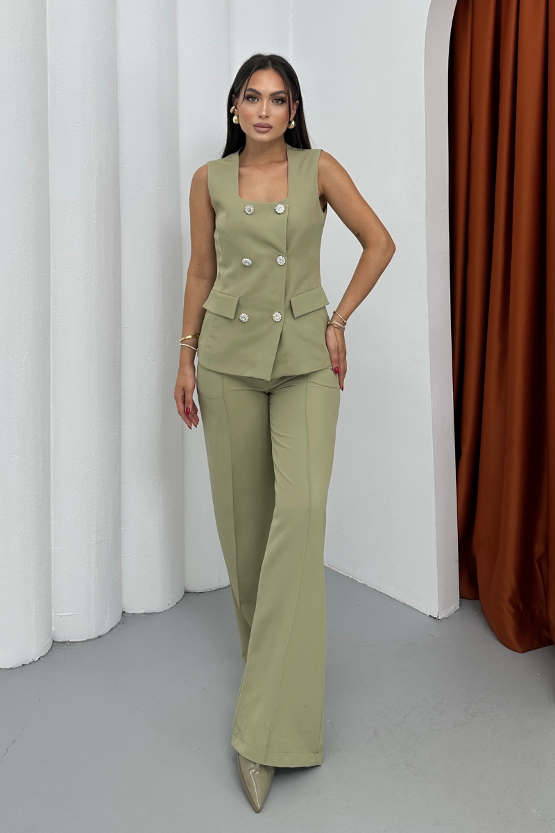 Kadın İkili Alt Üst Takım Şık Düğme Detaylı Kare Yaka Yelek Pantolon Takım
