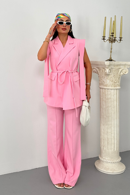 Kadın Alt Üst İkili Takım Omuz Detaylı Kuşaklı Yelek Pantolon Takım