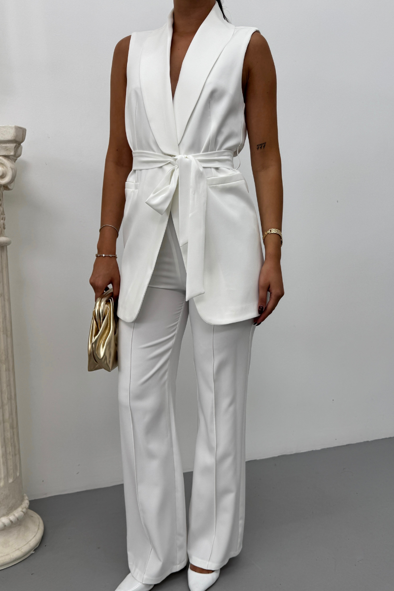 Kadın İkili Alt Üst Takım Şık Kuşaklı Cep Detaylı Yelek Pantolon Takım