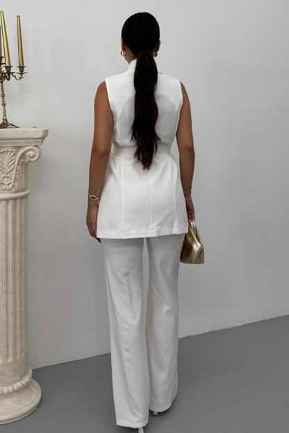 Kadın İkili Alt Üst Takım Şık Kuşaklı Cep Detaylı Yelek Pantolon Takım