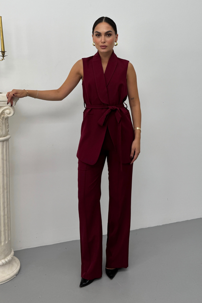Kadın İkili Alt Üst Takım Şık Kuşaklı Cep Detaylı Yelek Pantolon Takım