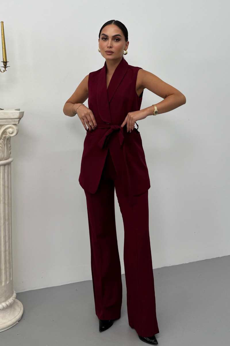Kadın İkili Alt Üst Takım Şık Kuşaklı Cep Detaylı Yelek Pantolon Takım