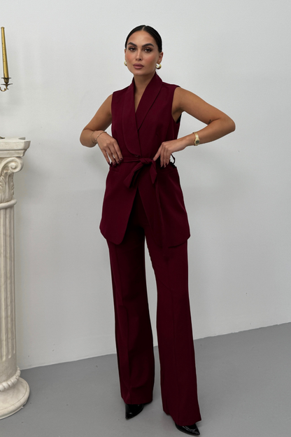 Kadın İkili Alt Üst Takım Şık Kuşaklı Cep Detaylı Yelek Pantolon Takım
