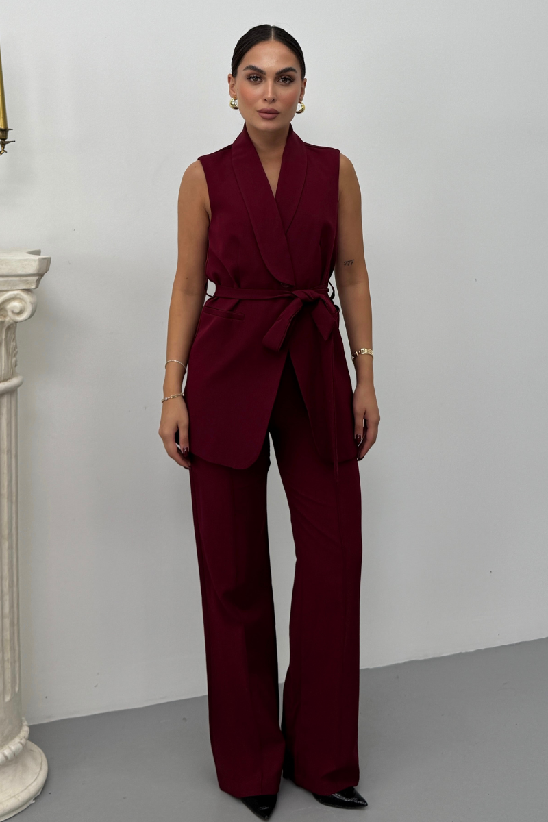 Kadın İkili Alt Üst Takım Şık Kuşaklı Cep Detaylı Yelek Pantolon Takım