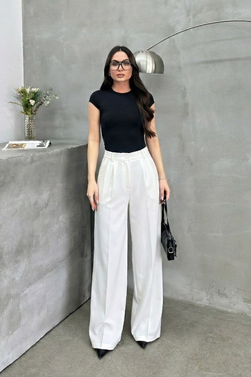 Kadın Palazzo Pantolon Düğmeli Çift Cepli Bol Paça Pantolon