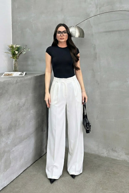Kadın Palazzo Pantolon Düğmeli Çift Cepli Bol Paça Pantolon