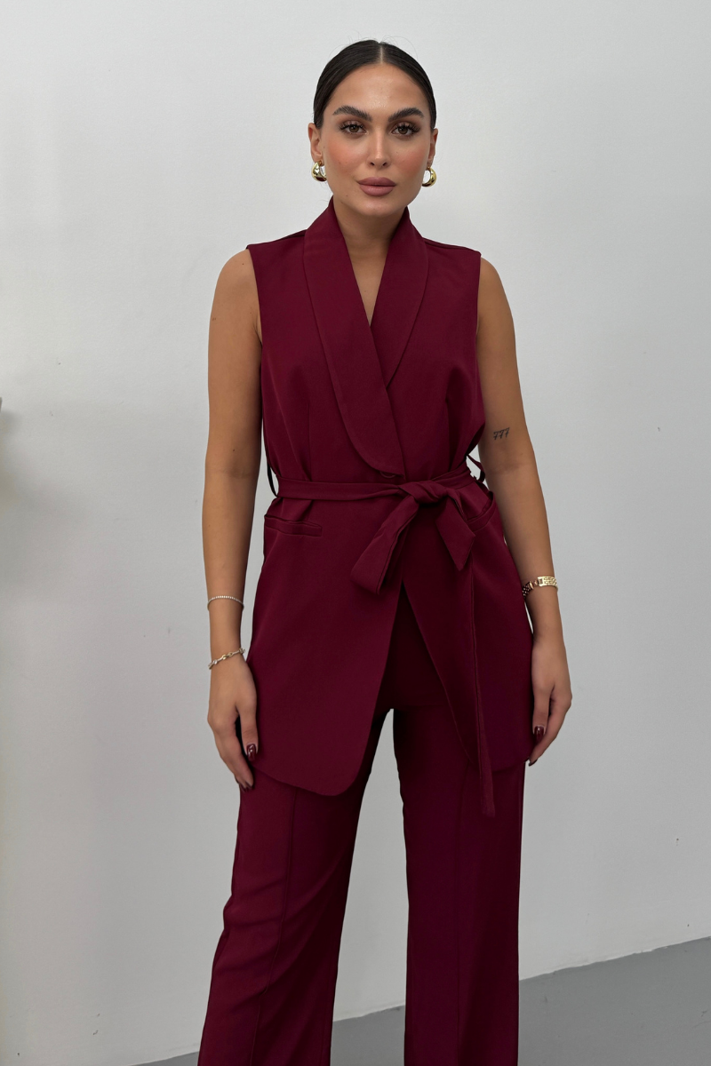 Kadın İkili Alt Üst Takım Şık Kuşaklı Cep Detaylı Yelek Pantolon Takım