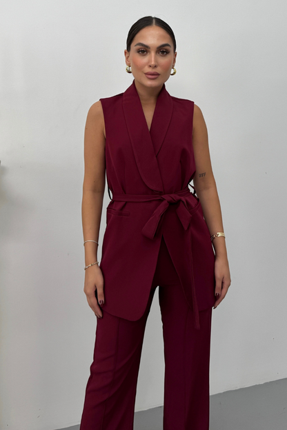 Kadın İkili Alt Üst Takım Şık Kuşaklı Cep Detaylı Yelek Pantolon Takım