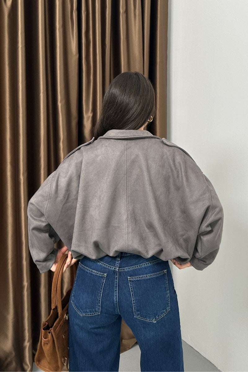 Kadın Mont Kısa Oversize Süet Fermuarlı Gömlek Yaka Düşük Omuz Ceket