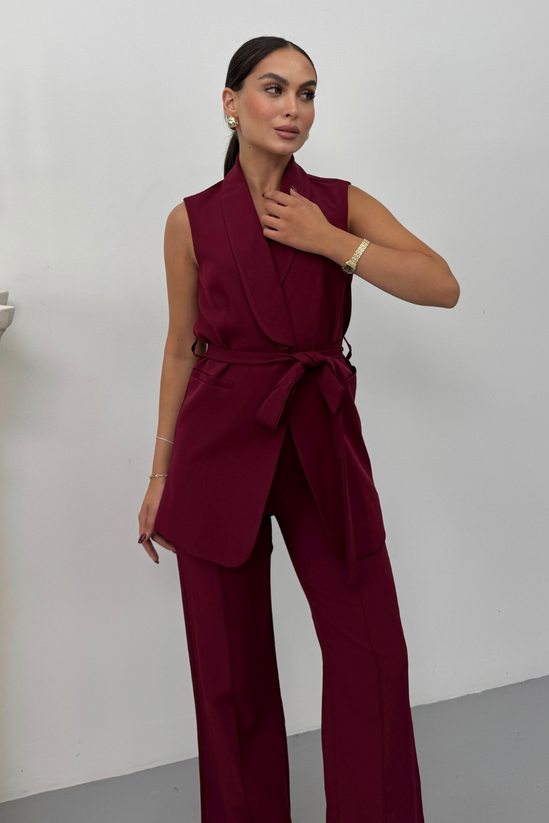 Kadın İkili Alt Üst Takım Şık Kuşaklı Cep Detaylı Yelek Pantolon Takım