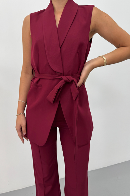 Kadın İkili Alt Üst Takım Şık Kuşaklı Cep Detaylı Yelek Pantolon Takım