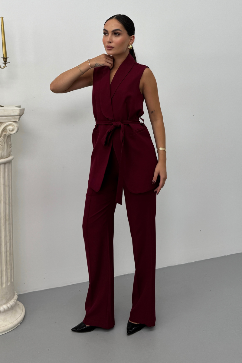 Kadın İkili Alt Üst Takım Şık Kuşaklı Cep Detaylı Yelek Pantolon Takım