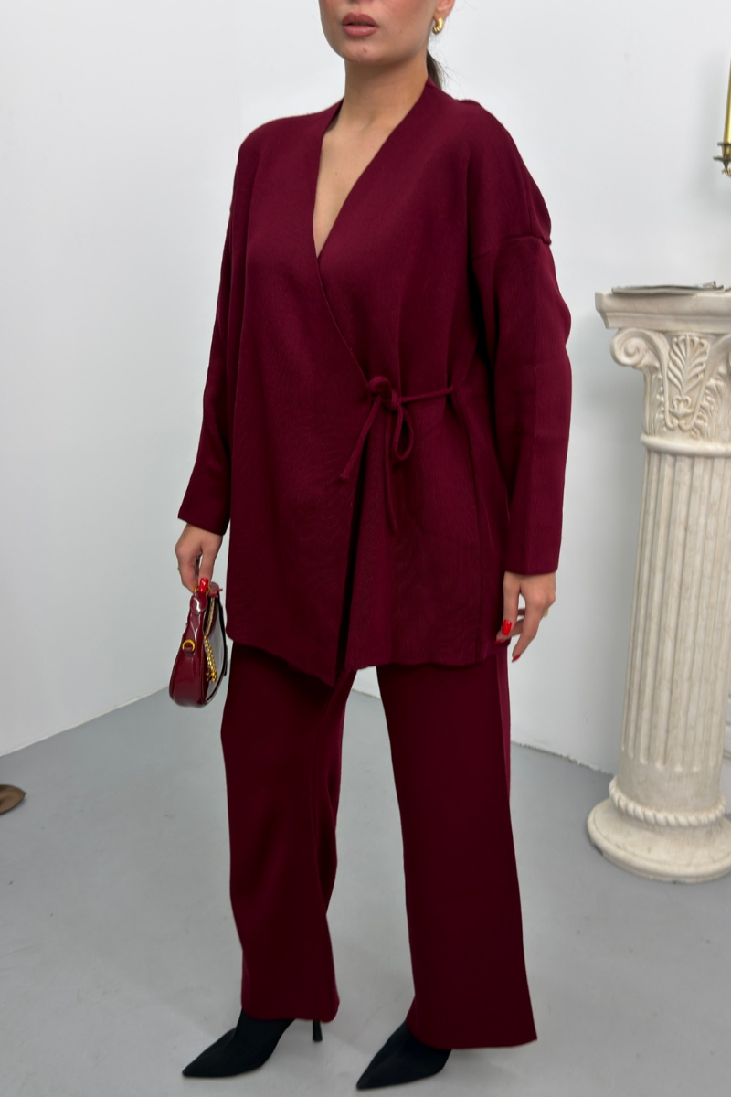 Kadın İkili Alt Üst Takım Triko Yandan Bağcıklı Kruvaze Hırka Bol Paça Pantolon Örme Takım