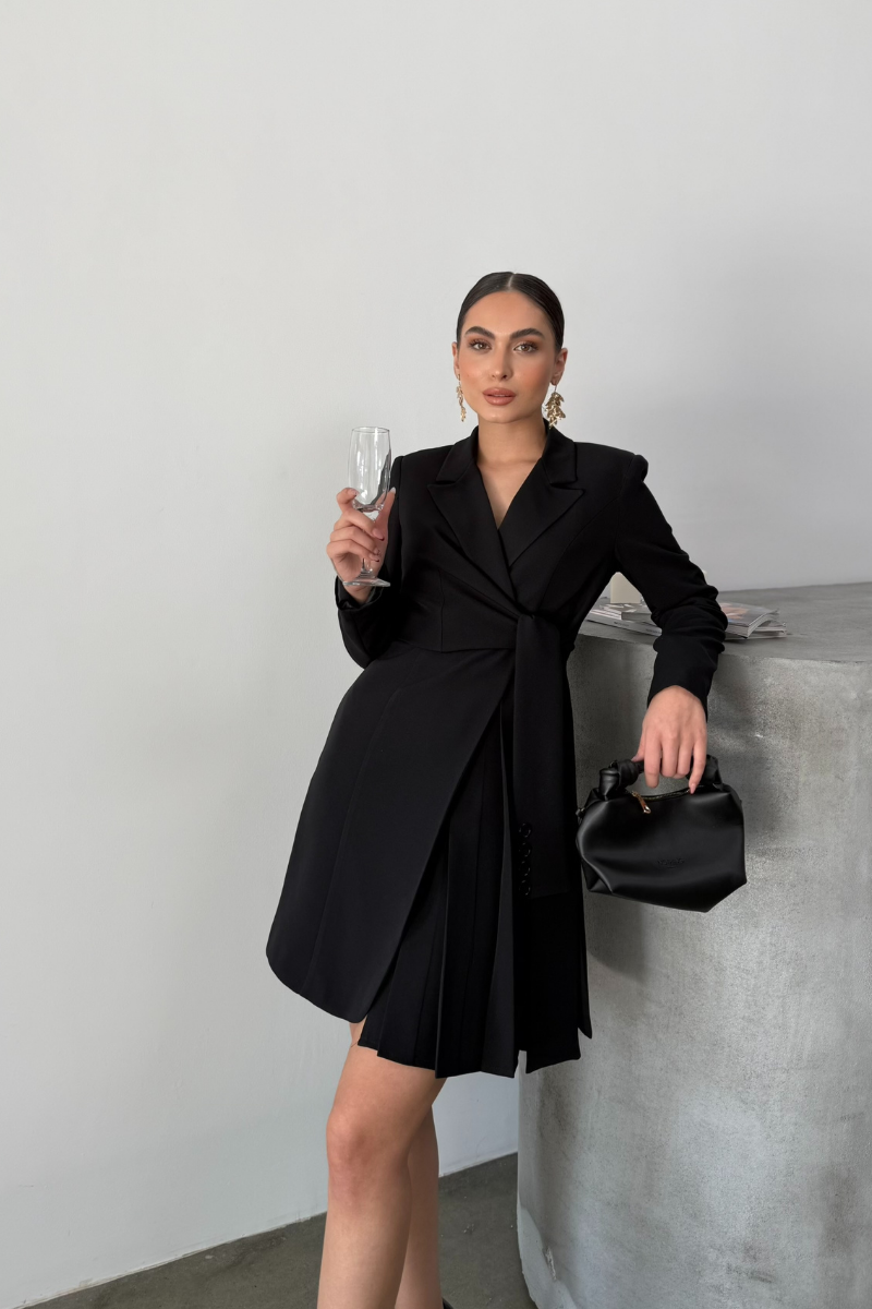 Kadın Elbise Mini Şık Uzun Kollu Kuşaklı Kruvaze Yaka Pileli Ceket Elbise