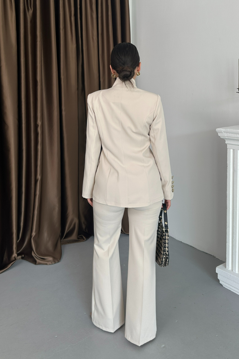 Kadın İkili Takım Şık Düğme Detaylı Dik Yaka Blazer Ceket Bol Paça Pantolon Takım