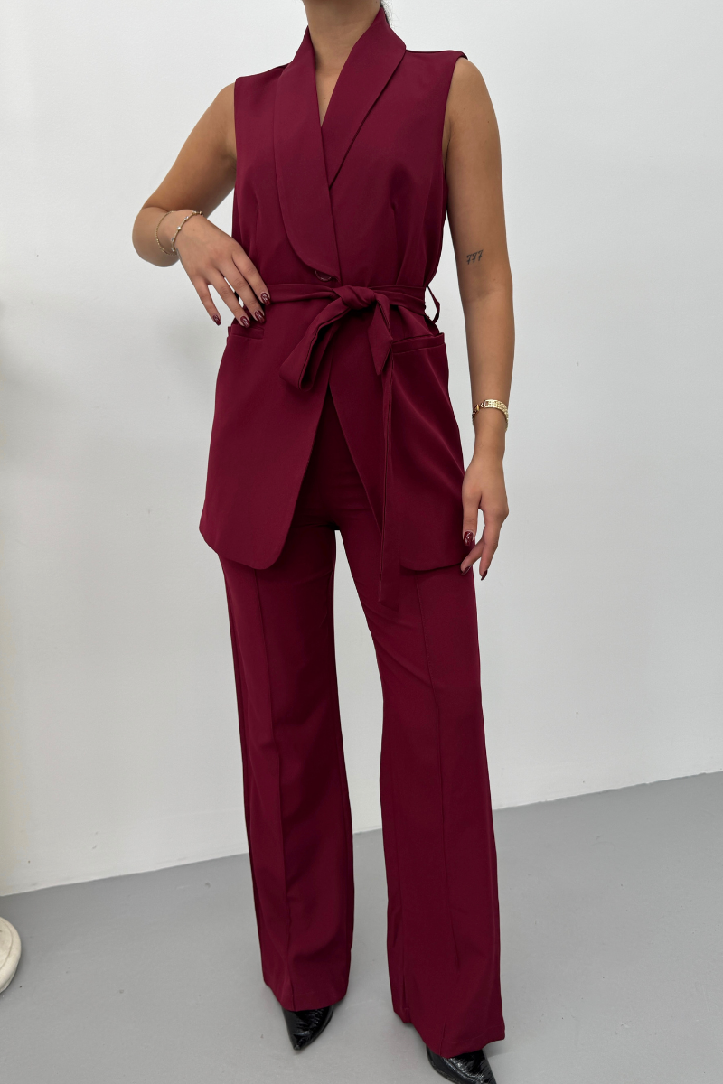 Kadın İkili Alt Üst Takım Şık Kuşaklı Cep Detaylı Yelek Pantolon Takım