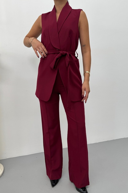 Kadın İkili Alt Üst Takım Şık Kuşaklı Cep Detaylı Yelek Pantolon Takım