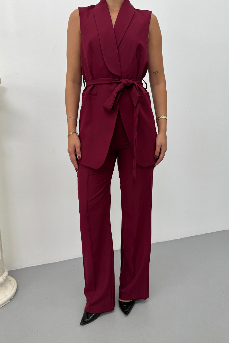 Kadın İkili Alt Üst Takım Şık Kuşaklı Cep Detaylı Yelek Pantolon Takım