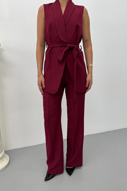 Kadın İkili Alt Üst Takım Şık Kuşaklı Cep Detaylı Yelek Pantolon Takım