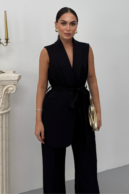 Kadın İkili Alt Üst Takım Şık Kuşaklı Cep Detaylı Yelek Pantolon Takım