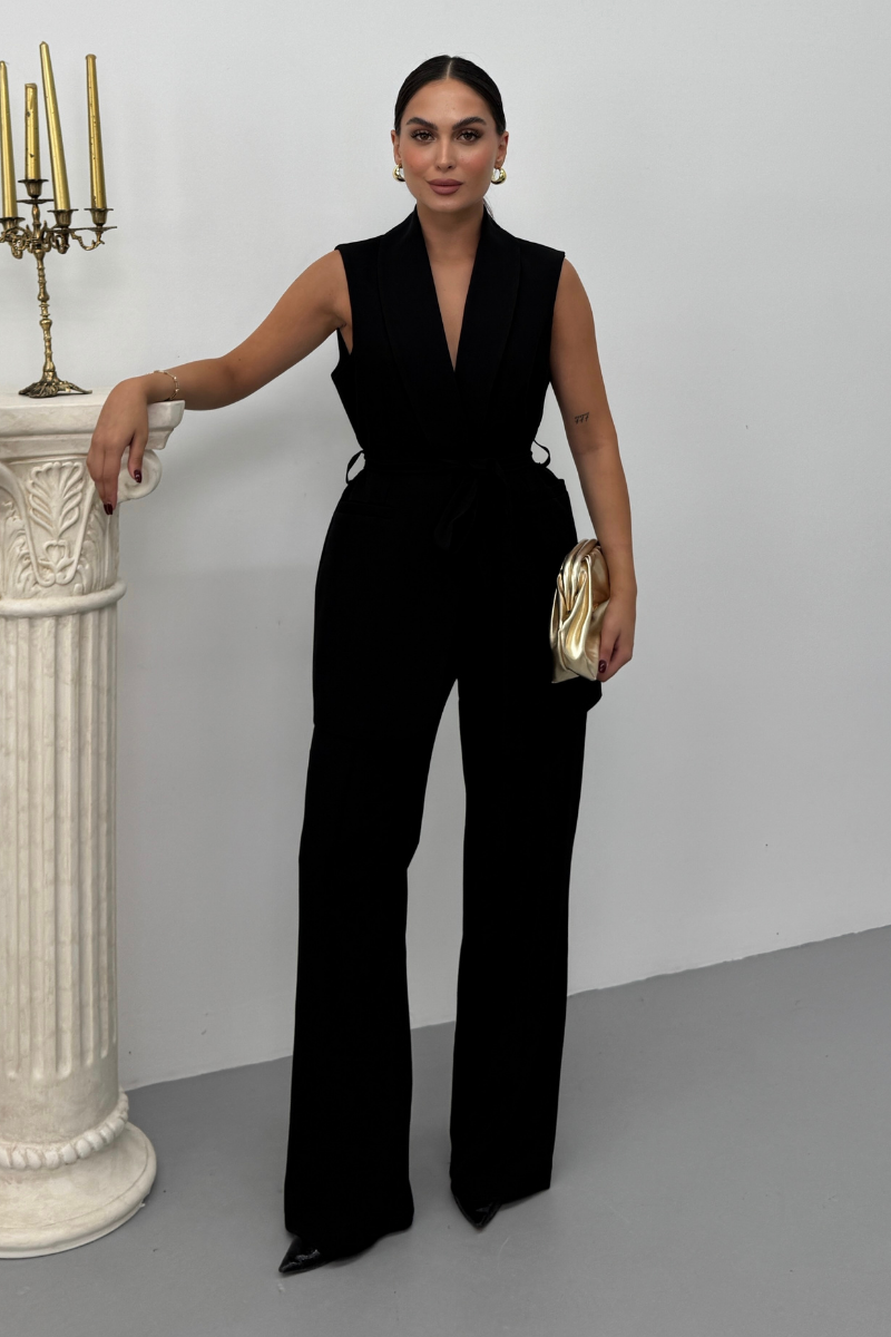 Kadın İkili Alt Üst Takım Şık Kuşaklı Cep Detaylı Yelek Pantolon Takım