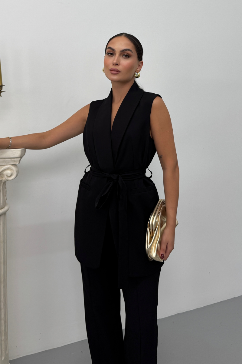 Kadın İkili Alt Üst Takım Şık Kuşaklı Cep Detaylı Yelek Pantolon Takım