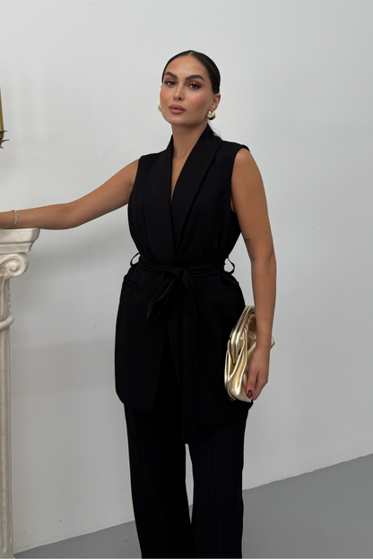 Kadın İkili Alt Üst Takım Şık Kuşaklı Cep Detaylı Yelek Pantolon Takım