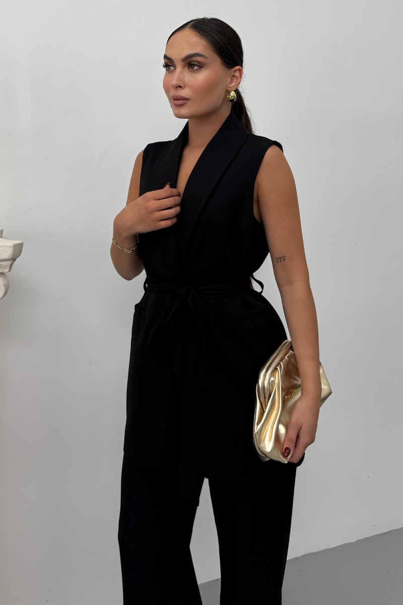 Kadın İkili Alt Üst Takım Şık Kuşaklı Cep Detaylı Yelek Pantolon Takım