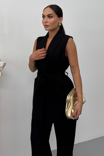 Kadın İkili Alt Üst Takım Şık Kuşaklı Cep Detaylı Yelek Pantolon Takım