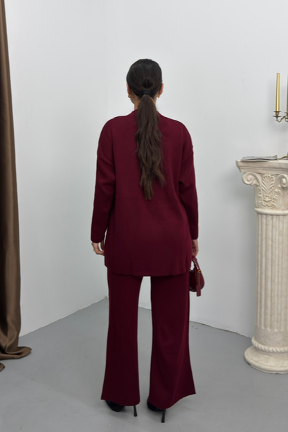 Kadın İkili Alt Üst Takım Triko Yandan Bağcıklı Kruvaze Hırka Bol Paça Pantolon Örme Takım