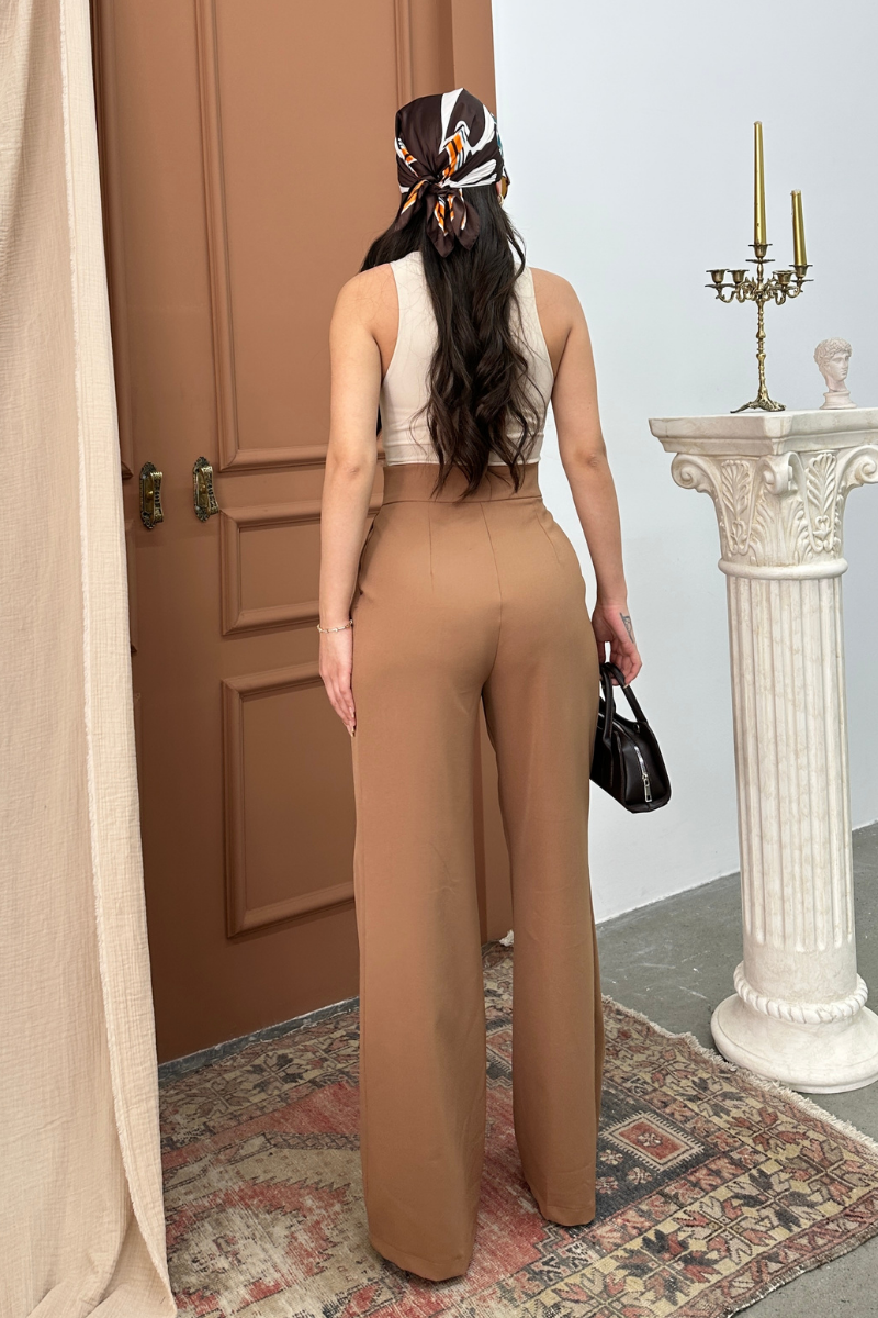 Kadın Palazzo Pantolon Beli Cırtlı Çift Cepli Bol Paça Pantolon