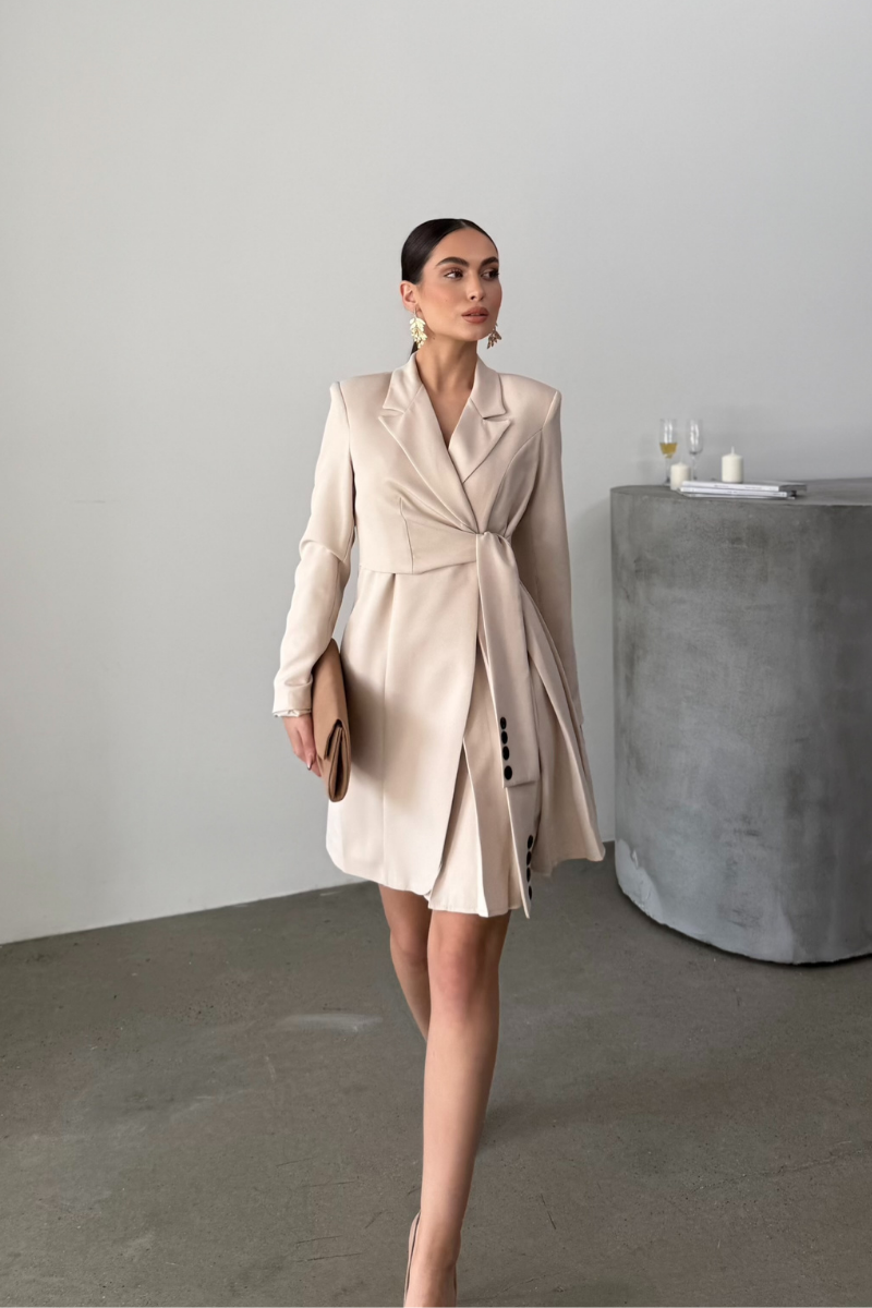 Kadın Elbise Mini Şık Uzun Kollu Kuşaklı Kruvaze Yaka Pileli Ceket Elbise